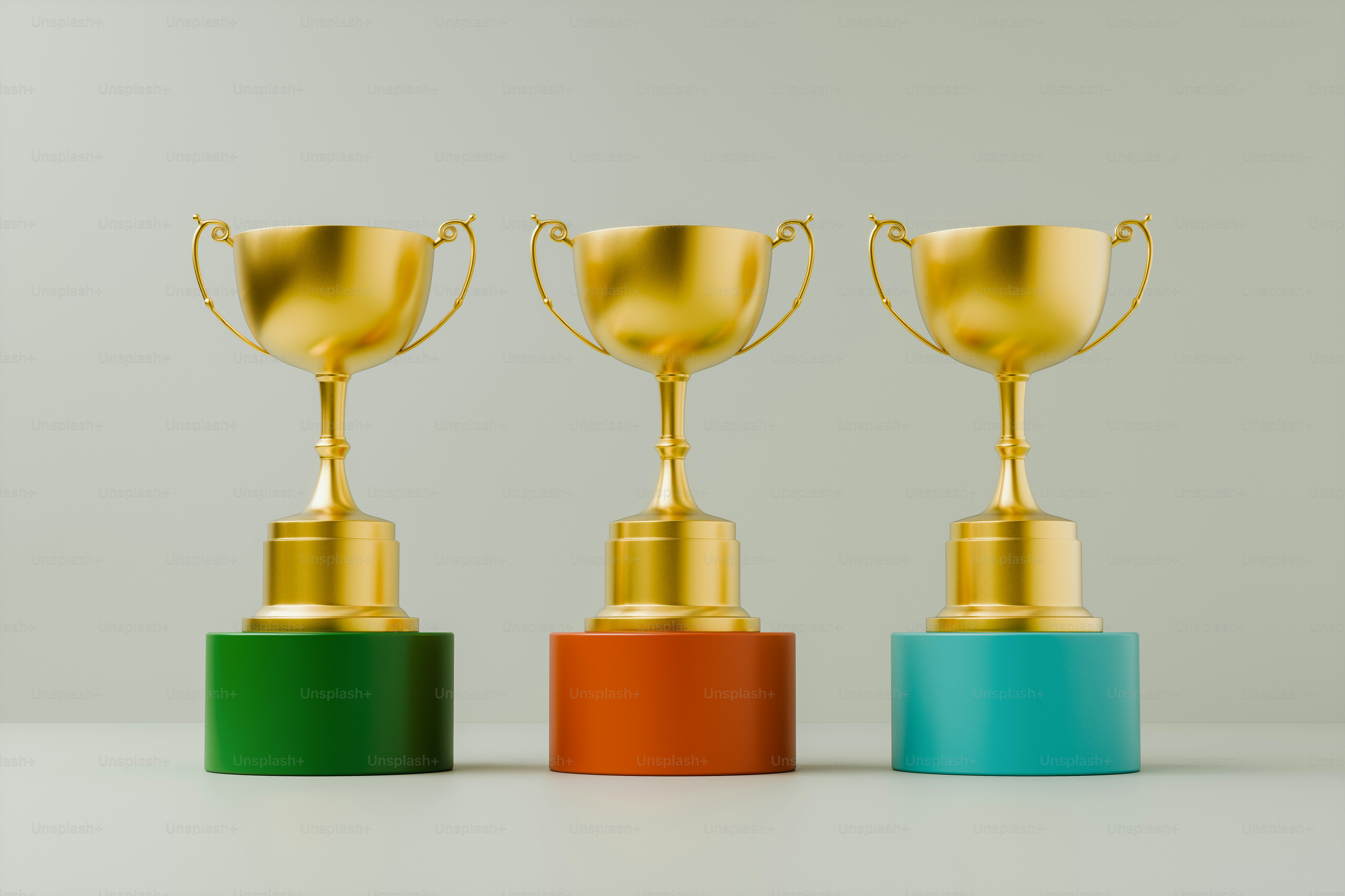 3D render of multiple golden trophy cups on colorful stands.